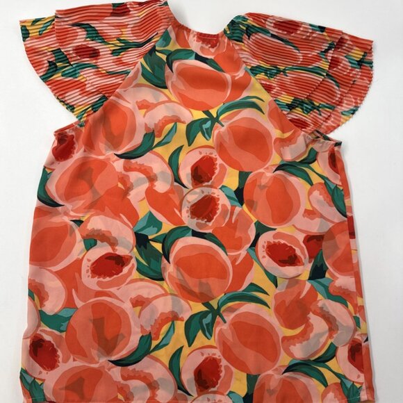 Anthropologie DR2 Womens Blouse Small Orange Tropical Floral Top Flutter Pleat - Picture 2 of 9